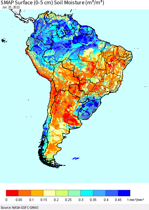 South America SMAP Surface (0-5 cm) Soil Moisture (m³/m³) Thematic Map For 7/21/2022 - 7/25/2022