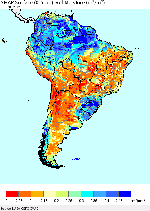 South America SMAP Surface (0-5 cm) Soil Moisture (m³/m³) Thematic Map For 7/26/2022 - 7/31/2022