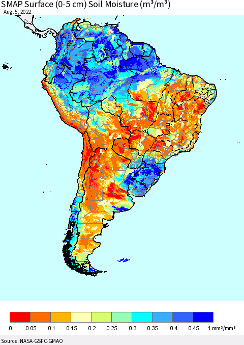 South America SMAP Surface (0-5 cm) Soil Moisture (m³/m³) Thematic Map For 8/1/2022 - 8/5/2022