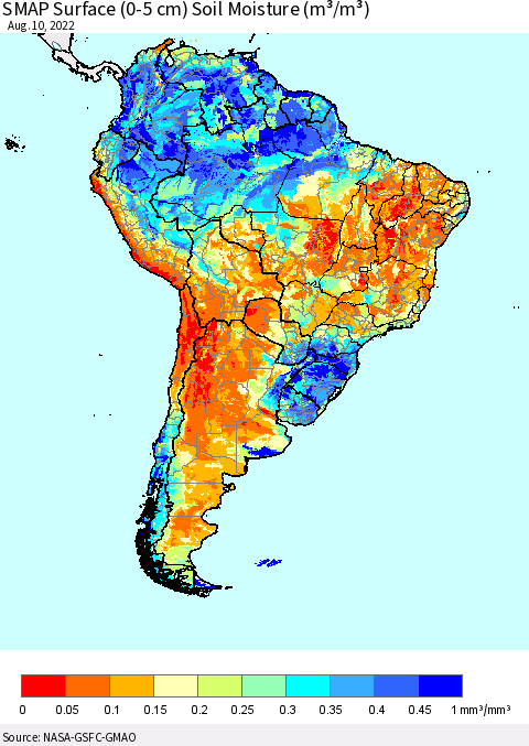 South America SMAP Surface (0-5 cm) Soil Moisture (m³/m³) Thematic Map For 8/6/2022 - 8/10/2022