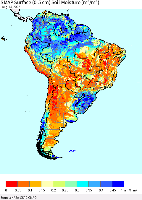 South America SMAP Surface (0-5 cm) Soil Moisture (m³/m³) Thematic Map For 8/11/2022 - 8/15/2022