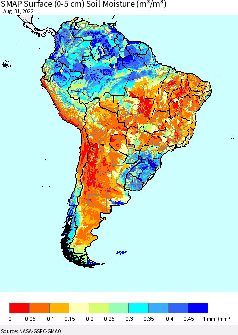 South America SMAP Surface (0-5 cm) Soil Moisture (m³/m³) Thematic Map For 8/26/2022 - 8/31/2022