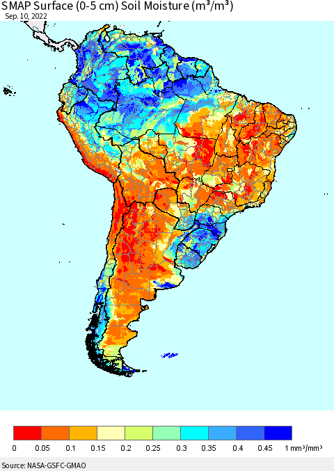 South America SMAP Surface (0-5 cm) Soil Moisture (m³/m³) Thematic Map For 9/6/2022 - 9/10/2022
