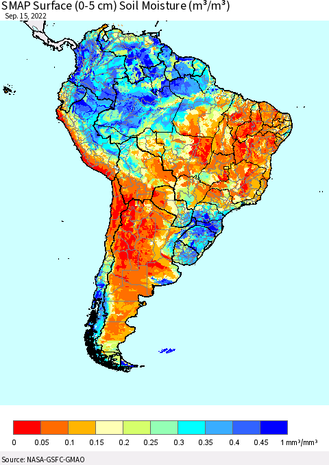 South America SMAP Surface (0-5 cm) Soil Moisture (m³/m³) Thematic Map For 9/11/2022 - 9/15/2022