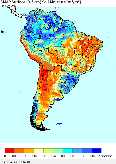 South America SMAP Surface (0-5 cm) Soil Moisture (m³/m³) Thematic Map For 9/16/2022 - 9/20/2022