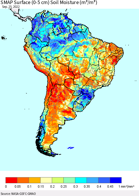 South America SMAP Surface (0-5 cm) Soil Moisture (m³/m³) Thematic Map For 9/21/2022 - 9/25/2022