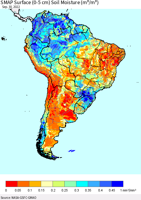 South America SMAP Surface (0-5 cm) Soil Moisture (m³/m³) Thematic Map For 9/26/2022 - 9/30/2022