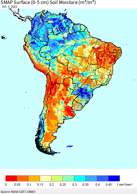 South America SMAP Surface (0-5 cm) Soil Moisture (m³/m³) Thematic Map For 10/1/2022 - 10/5/2022
