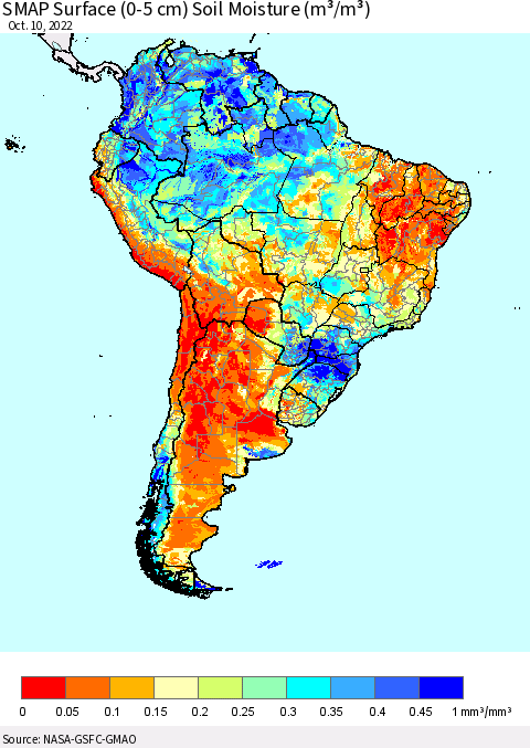 South America SMAP Surface (0-5 cm) Soil Moisture (m³/m³) Thematic Map For 10/6/2022 - 10/10/2022
