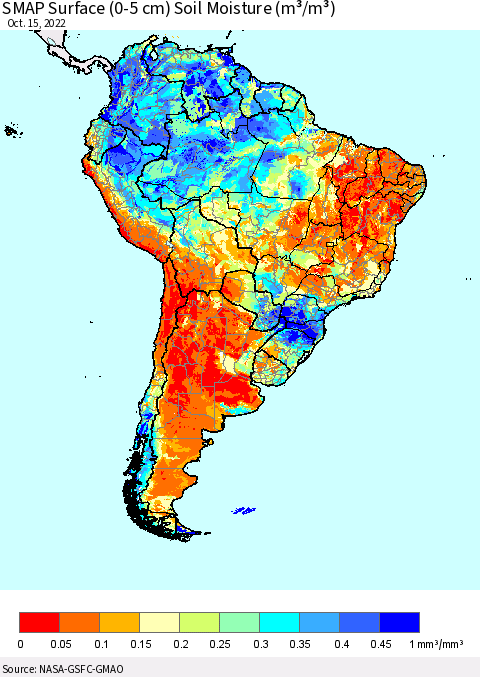 South America SMAP Surface (0-5 cm) Soil Moisture (m³/m³) Thematic Map For 10/11/2022 - 10/15/2022