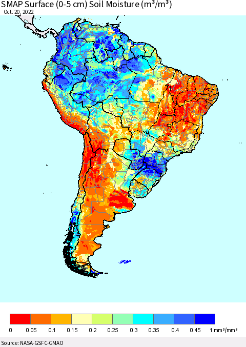 South America SMAP Surface (0-5 cm) Soil Moisture (m³/m³) Thematic Map For 10/16/2022 - 10/20/2022