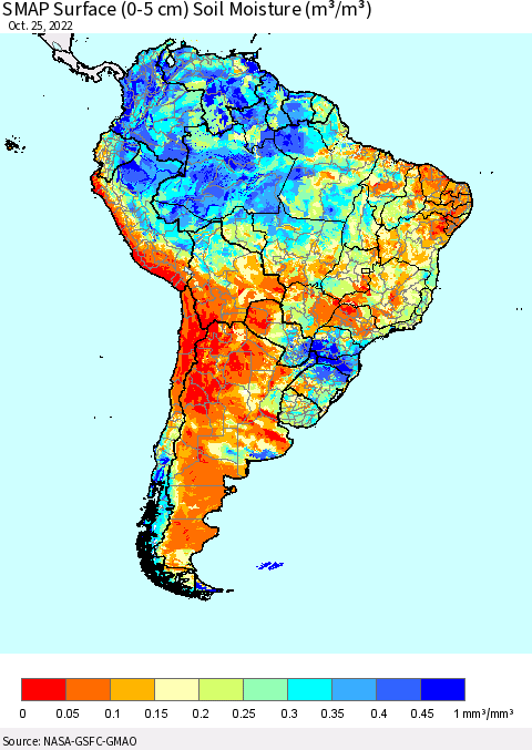 South America SMAP Surface (0-5 cm) Soil Moisture (m³/m³) Thematic Map For 10/21/2022 - 10/25/2022