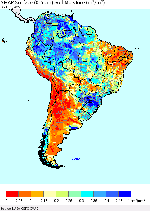 South America SMAP Surface (0-5 cm) Soil Moisture (m³/m³) Thematic Map For 10/26/2022 - 10/31/2022