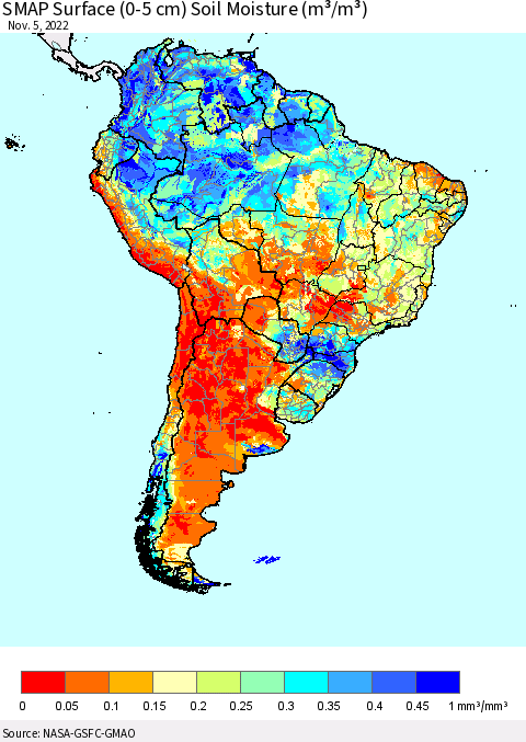 South America SMAP Surface (0-5 cm) Soil Moisture (m³/m³) Thematic Map For 11/1/2022 - 11/5/2022