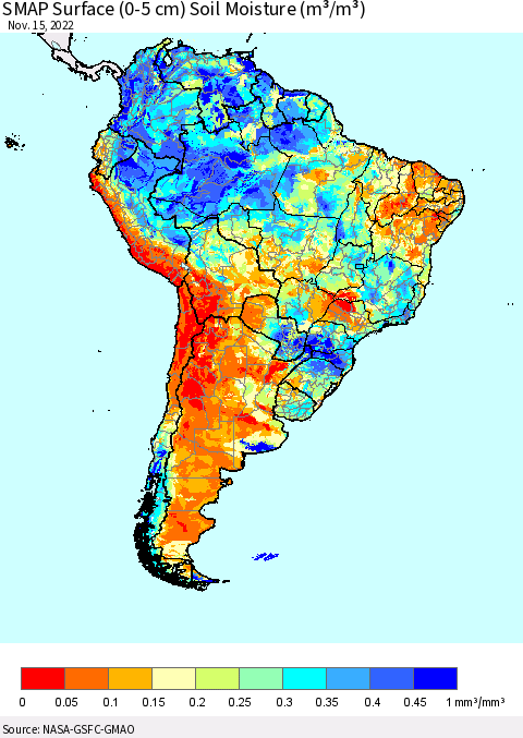 South America SMAP Surface (0-5 cm) Soil Moisture (m³/m³) Thematic Map For 11/11/2022 - 11/15/2022