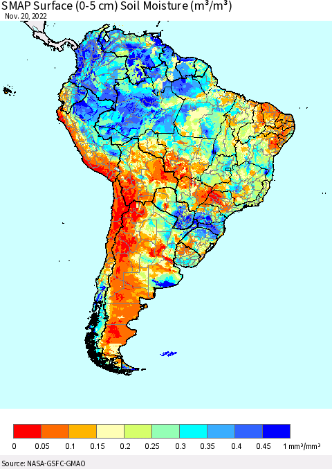 South America SMAP Surface (0-5 cm) Soil Moisture (m³/m³) Thematic Map For 11/16/2022 - 11/20/2022