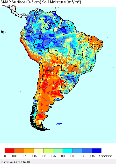 South America SMAP Surface (0-5 cm) Soil Moisture (m³/m³) Thematic Map For 11/21/2022 - 11/25/2022