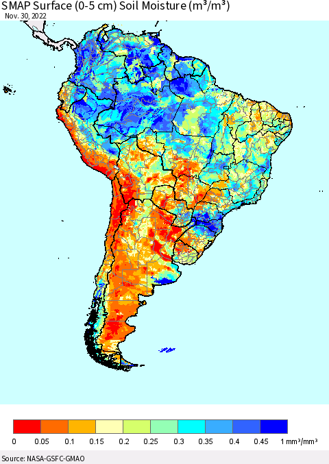 South America SMAP Surface (0-5 cm) Soil Moisture (m³/m³) Thematic Map For 11/26/2022 - 11/30/2022
