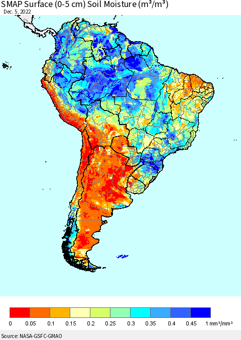 South America SMAP Surface (0-5 cm) Soil Moisture (m³/m³) Thematic Map For 12/1/2022 - 12/5/2022