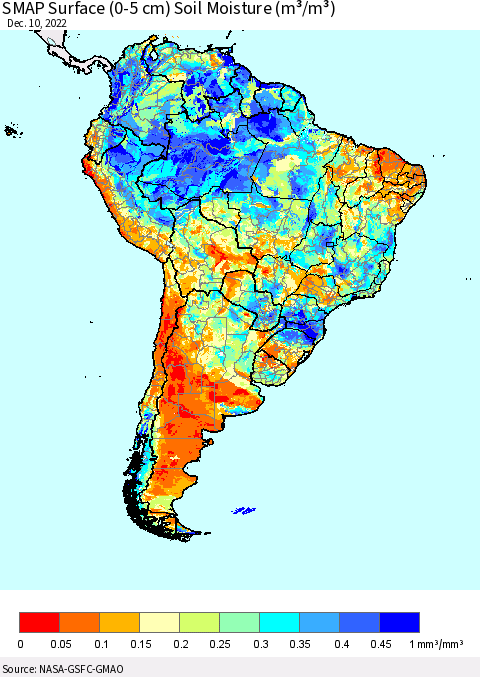 South America SMAP Surface (0-5 cm) Soil Moisture (m³/m³) Thematic Map For 12/6/2022 - 12/10/2022