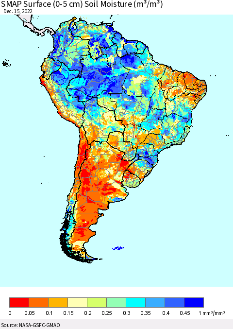 South America SMAP Surface (0-5 cm) Soil Moisture (m³/m³) Thematic Map For 12/11/2022 - 12/15/2022