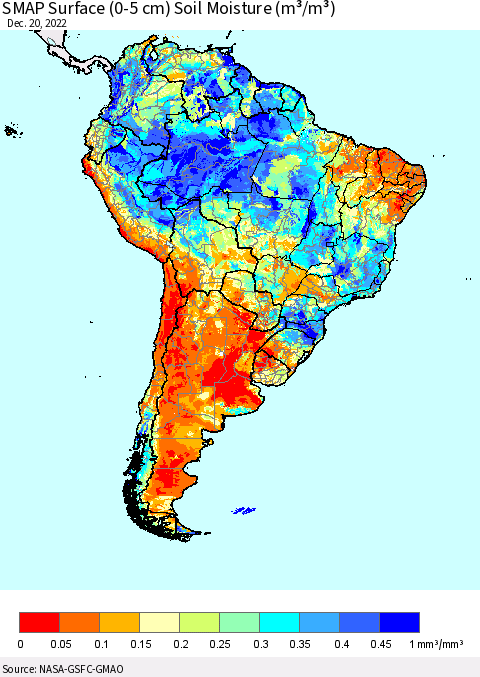 South America SMAP Surface (0-5 cm) Soil Moisture (m³/m³) Thematic Map For 12/16/2022 - 12/20/2022