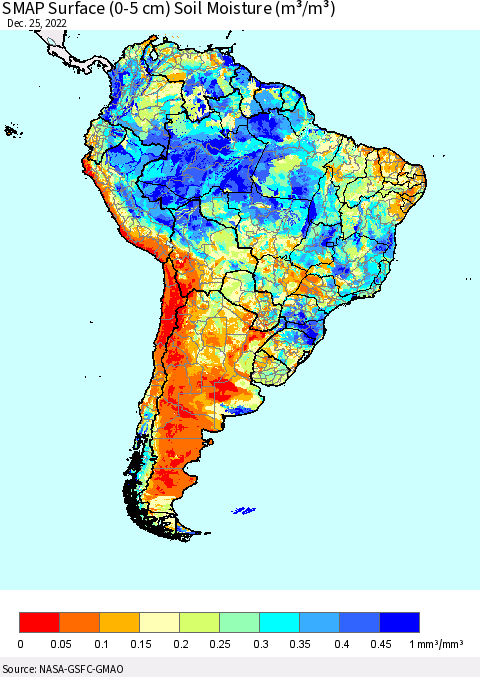South America SMAP Surface (0-5 cm) Soil Moisture (m³/m³) Thematic Map For 12/21/2022 - 12/25/2022
