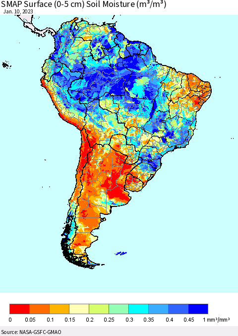 South America SMAP Surface (0-5 cm) Soil Moisture (m³/m³) Thematic Map For 1/6/2023 - 1/10/2023