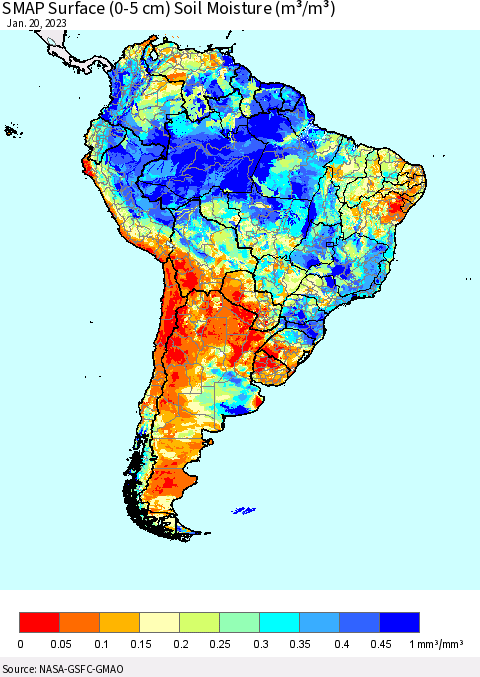 South America SMAP Surface (0-5 cm) Soil Moisture (m³/m³) Thematic Map For 1/16/2023 - 1/20/2023
