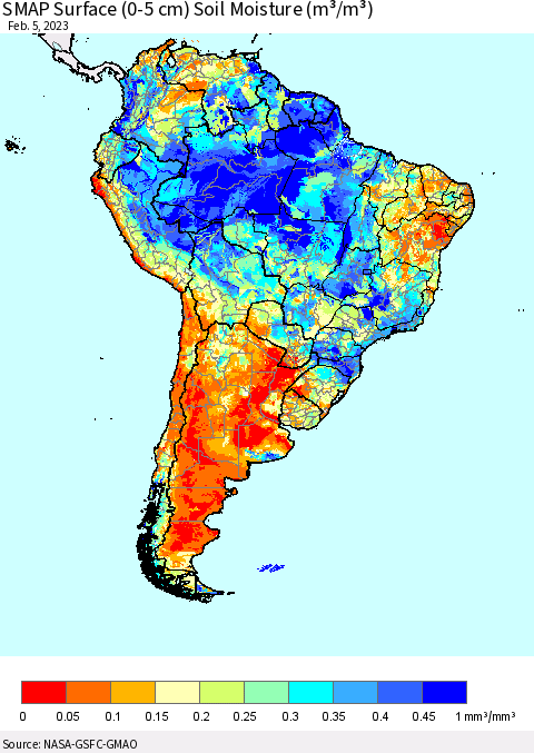 South America SMAP Surface (0-5 cm) Soil Moisture (m³/m³) Thematic Map For 2/1/2023 - 2/5/2023