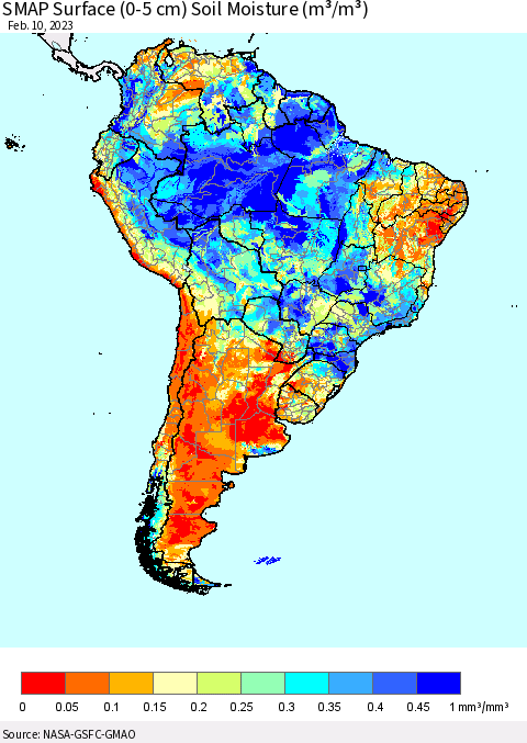 South America SMAP Surface (0-5 cm) Soil Moisture (m³/m³) Thematic Map For 2/6/2023 - 2/10/2023