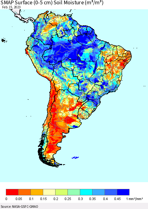 South America SMAP Surface (0-5 cm) Soil Moisture (m³/m³) Thematic Map For 2/11/2023 - 2/15/2023