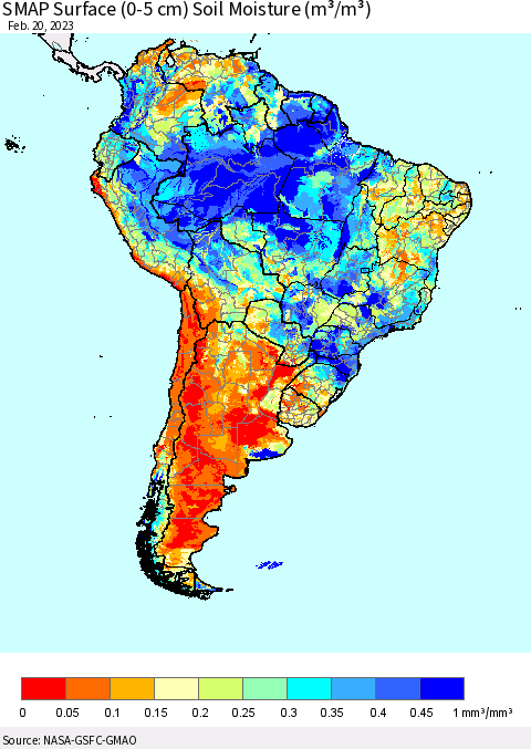 South America SMAP Surface (0-5 cm) Soil Moisture (m³/m³) Thematic Map For 2/16/2023 - 2/20/2023