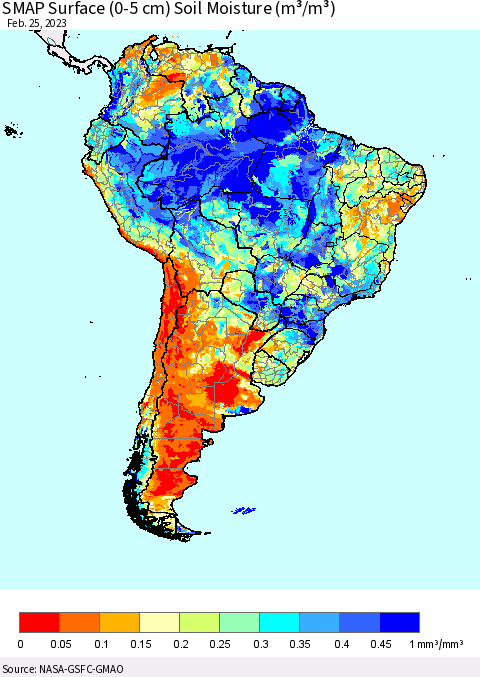 South America SMAP Surface (0-5 cm) Soil Moisture (m³/m³) Thematic Map For 2/21/2023 - 2/25/2023