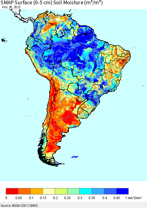 South America SMAP Surface (0-5 cm) Soil Moisture (m³/m³) Thematic Map For 2/26/2023 - 2/28/2023