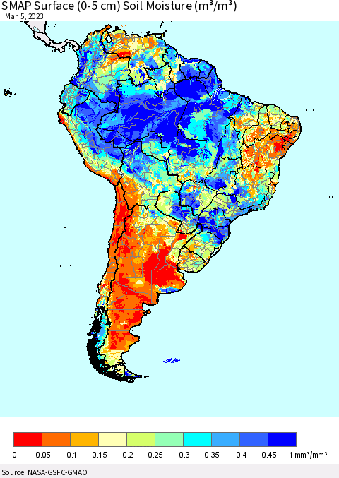 South America SMAP Surface (0-5 cm) Soil Moisture (m³/m³) Thematic Map For 3/1/2023 - 3/5/2023