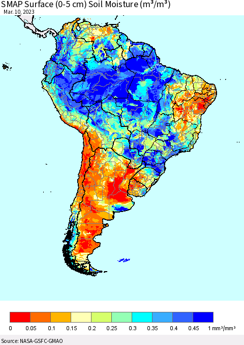 South America SMAP Surface (0-5 cm) Soil Moisture (m³/m³) Thematic Map For 3/6/2023 - 3/10/2023