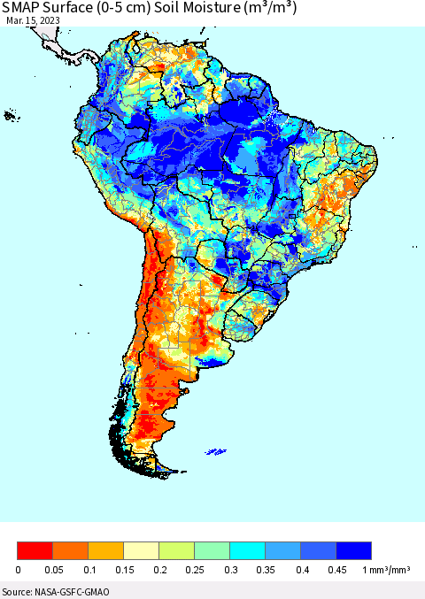 South America SMAP Surface (0-5 cm) Soil Moisture (m³/m³) Thematic Map For 3/11/2023 - 3/15/2023