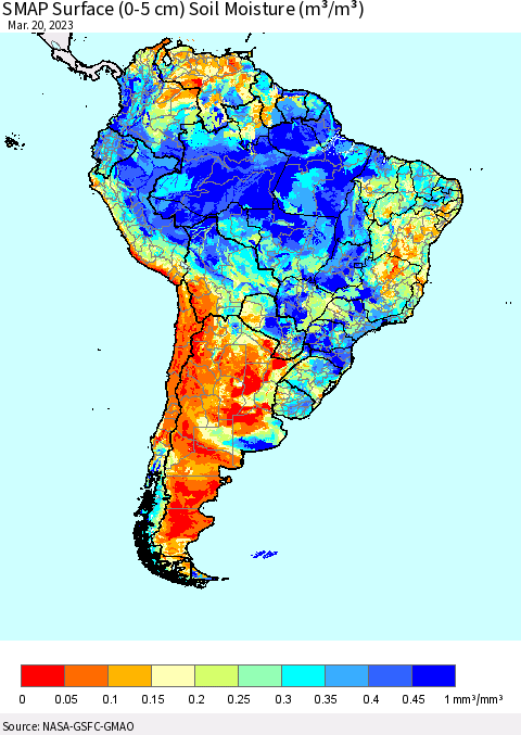 South America SMAP Surface (0-5 cm) Soil Moisture (m³/m³) Thematic Map For 3/16/2023 - 3/20/2023