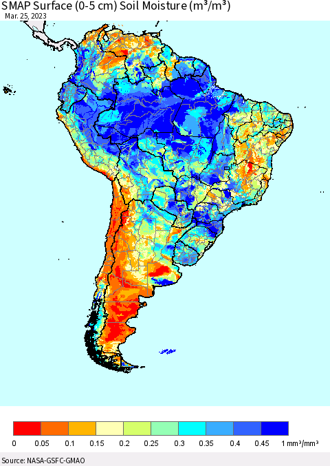 South America SMAP Surface (0-5 cm) Soil Moisture (m³/m³) Thematic Map For 3/21/2023 - 3/25/2023