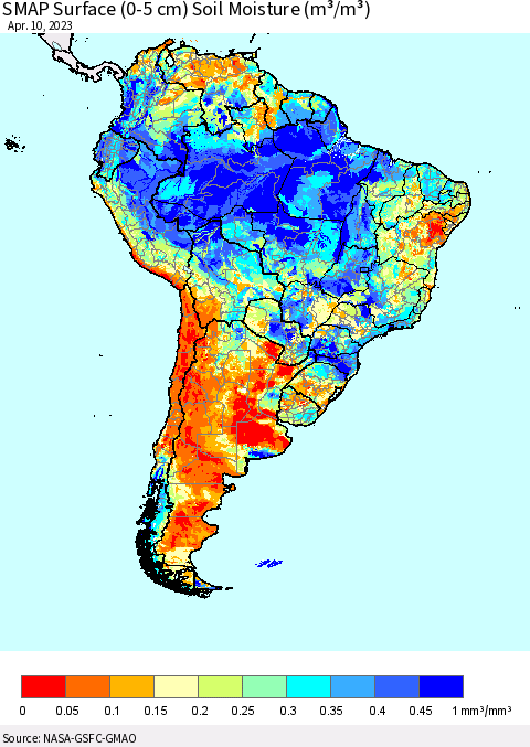 South America SMAP Surface (0-5 cm) Soil Moisture (m³/m³) Thematic Map For 4/6/2023 - 4/10/2023