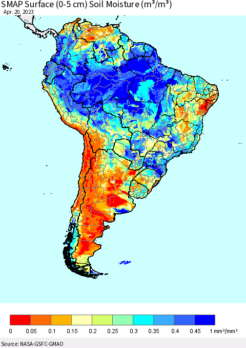South America SMAP Surface (0-5 cm) Soil Moisture (m³/m³) Thematic Map For 4/16/2023 - 4/20/2023