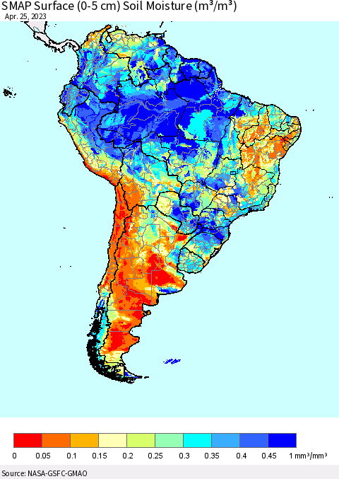 South America SMAP Surface (0-5 cm) Soil Moisture (m³/m³) Thematic Map For 4/21/2023 - 4/25/2023