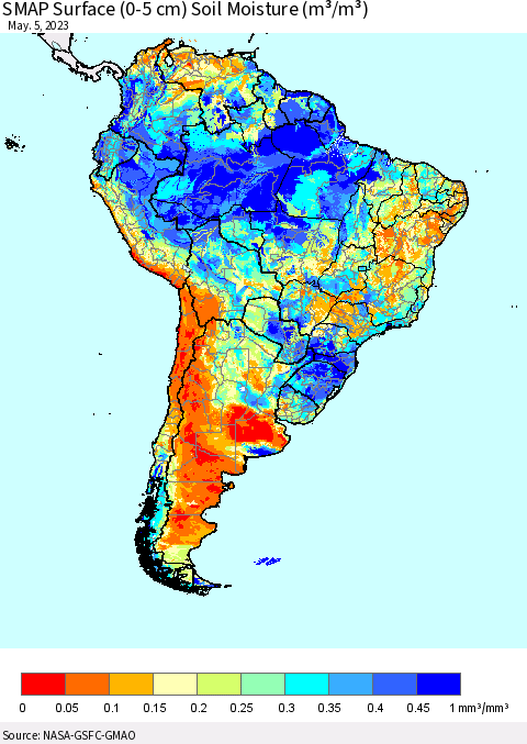 South America SMAP Surface (0-5 cm) Soil Moisture (m³/m³) Thematic Map For 5/1/2023 - 5/5/2023