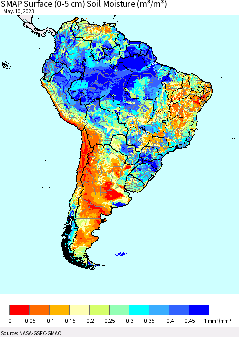 South America SMAP Surface (0-5 cm) Soil Moisture (m³/m³) Thematic Map For 5/6/2023 - 5/10/2023