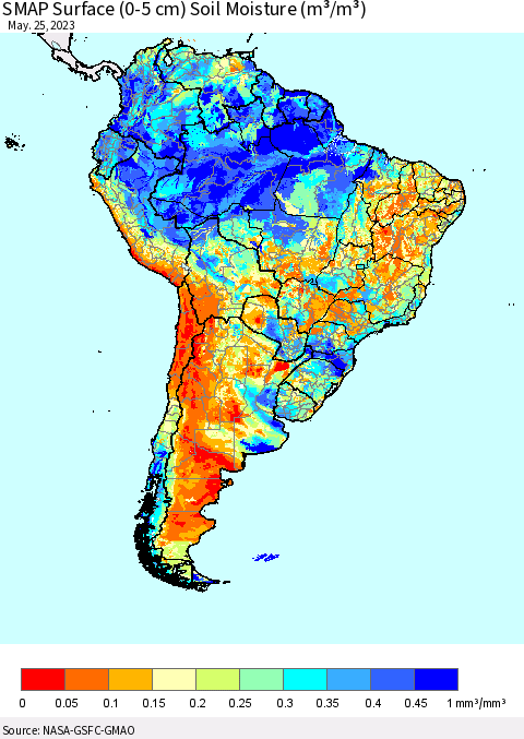 South America SMAP Surface (0-5 cm) Soil Moisture (m³/m³) Thematic Map For 5/21/2023 - 5/25/2023
