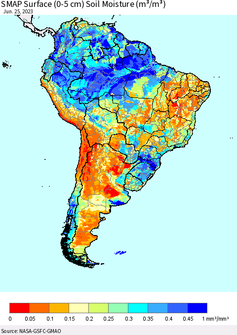 South America SMAP Surface (0-5 cm) Soil Moisture (m³/m³) Thematic Map For 6/21/2023 - 6/25/2023