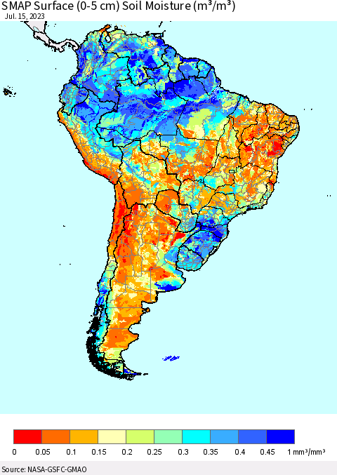 South America SMAP Surface (0-5 cm) Soil Moisture (m³/m³) Thematic Map For 7/11/2023 - 7/15/2023