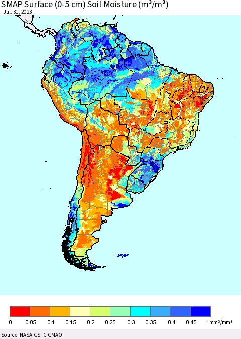 South America SMAP Surface (0-5 cm) Soil Moisture (m³/m³) Thematic Map For 7/26/2023 - 7/31/2023