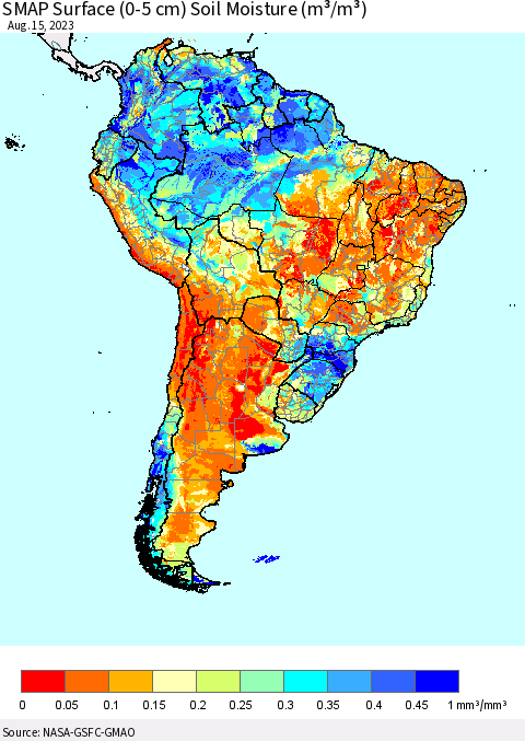 South America SMAP Surface (0-5 cm) Soil Moisture (m³/m³) Thematic Map For 8/11/2023 - 8/15/2023